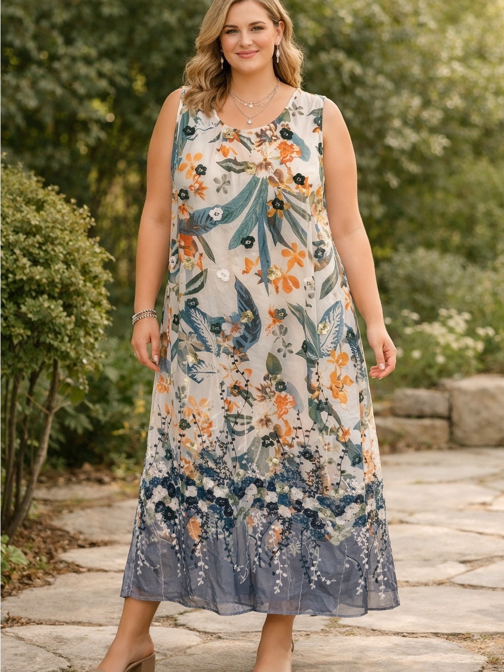 Catherines 3X Floral Sleeveless Maxi Dress with elegant lace overlay. Excellent
